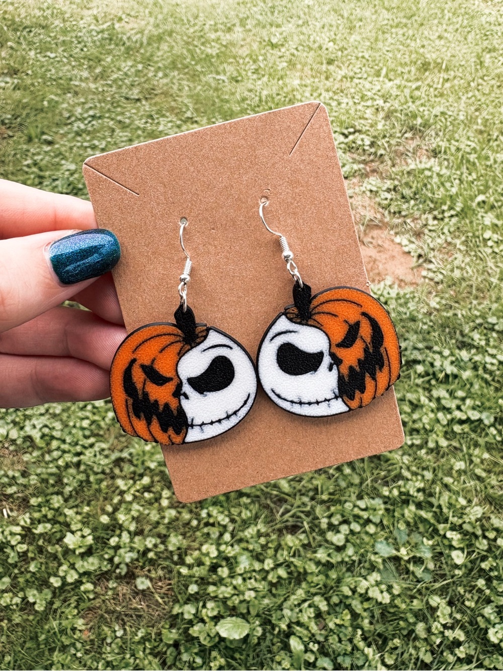 Halloween Pumpkin Jack Skellington Earrings - Orange & White